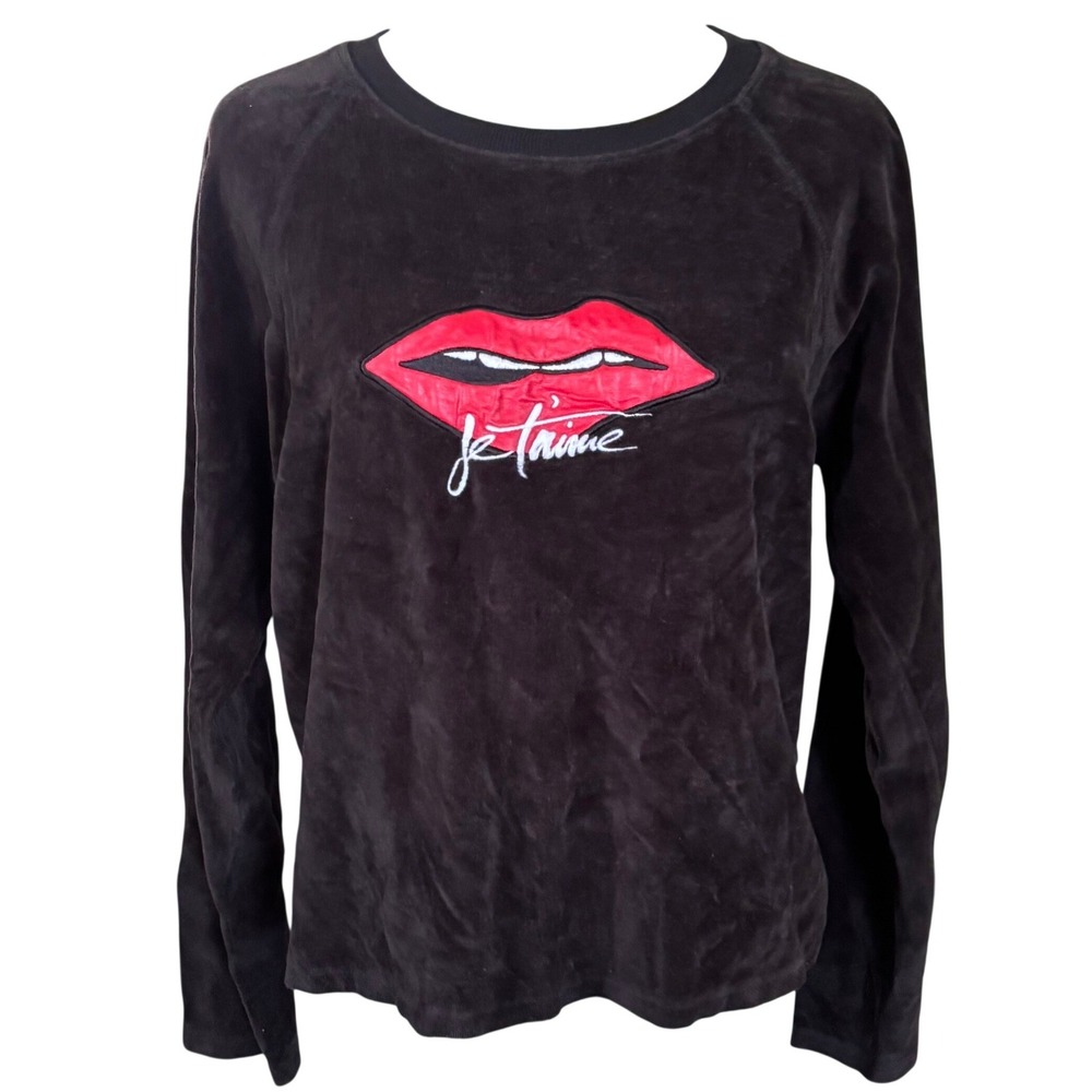Quantum Courage Je t'aime Black Velour Sweater Sz S France 100% cotton